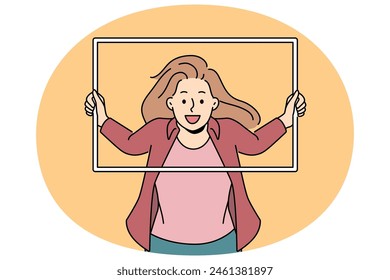 Smiling woman with empty frame posing making picture. Happy girl put face for picture or photo in frame. Photo shoot and modeling. Vector illustration.