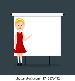 Smiling Woman with Empty Presentation Screen on Background - Vector