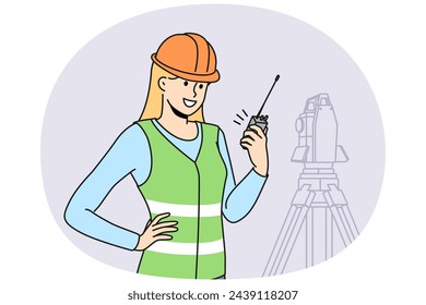 Smiling woman engineer in helmet and uniform working with geodetic equipment on construction site. Happy female surveyor engineer on building area. Vector illustration.