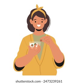 Mujer Sonriente Que Disfruta De Un Snack Vegano Orgánico Saludable. Personaje Femenino Está Sosteniendo Un Pequeño Tazón De Frutos Secos Y Frutas, Fomentando Un Estilo De Vida Feliz Y Nutritivo. Ilustración vectorial de Personas de dibujos animados