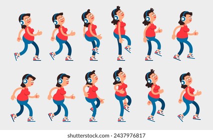 Mujer sonriente disfrutando de la música a través de sus auriculares mientras camina, capturando su movimiento y disposición alegre. Secuencia de ilustraciones vectoriales