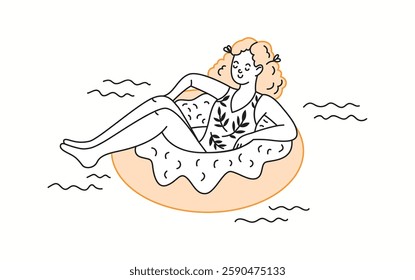 A smiling woman enjoying a peaceful summer moment while floating on an inflatable ring in the water, relaxing and feeling free in a minimalist doodle-style illustration.