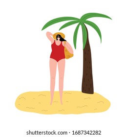 Smiling woman enjoying rest on beach vector illustration