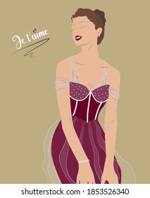 Smiling woman in evening cocktail dress. Beautiful fashion woman with burgundy lips. Text in french language "I love you". Vector illustration.