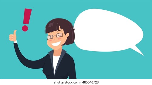 Smiling woman with exclamation mark and speech bubble. Cartoon vector illustration of  winking businesswoman showing thumbs up