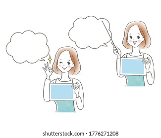 Mujer sonriente explicando en tablet
