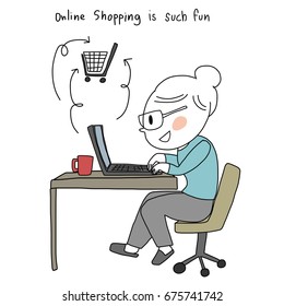 Smiling woman with eyeglasses pressing keyboard on laptop and doing online shopping at her desk. Wording "Online shopping is such fun" included. Vector illustration with hand-drawn style.