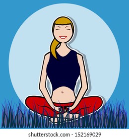 smiling woman with eyes closed in a state of relaxation on the lawn, blue background with a full moon.