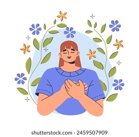 A smiling woman with eyes closed, surrounded by plants and flowers, concept of mental health, happiness and tranquility. Vector illustration isolated on a white background,