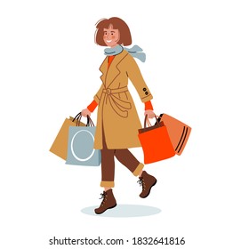 Smiling woman in fashionable clothes with shopping bags. Seasonal sale. Cute vector illustration drawing in flat style. Happy woman or girl shopping sale concept.

