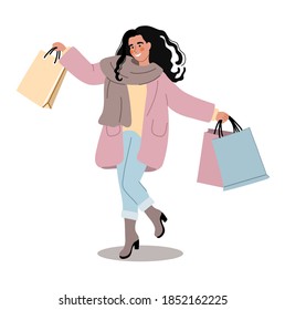 Smiling woman in fashionable clothes with shopping bags. Seasonal sale. Cute vector illustration drawing in flat style. Happy woman or girl shopping sale concept.