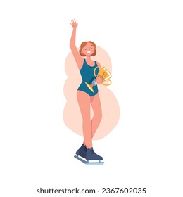 Smiling Woman Figure Skater Winner Holding Golden Cup Award Vector Illustration
