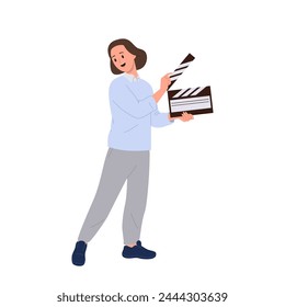 Smiling woman film assistant cartoon character with clapperboard engaged in filmmaking process