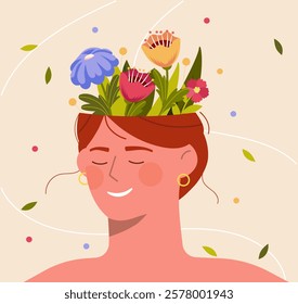 Smiling woman with flowers growing from her open head, symbolizing creativity and positive thoughts. Minimalist flat style on a beige background. Vector illustration