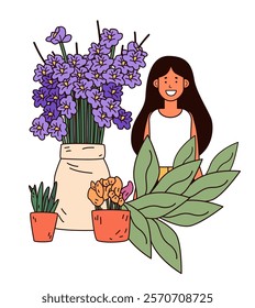 Smiling woman with flowers and plants vibrant floral arrangement with lavender leaves and potted succulents colorful design for website or banner