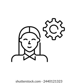 Smiling woman in formal attire and cogwheel. Personal efficiency and professional development. Pixel perfect icon