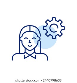 Smiling woman in formal attire and cogwheel. Personal efficiency and professional development. Pixel perfect vector icon