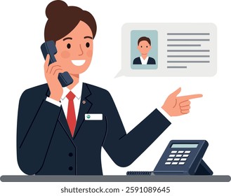 A smiling woman in formal attire talks on the phone, gesturing towards a document, creating a professional and friendly atmosphere.