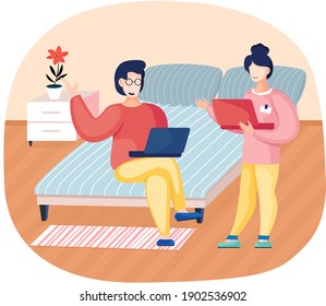 Smiling woman friends communicating at home sitting on bed with latop in bedroom. Happy female surfing in internet with computers indoor. People spending time together having friendly conversation