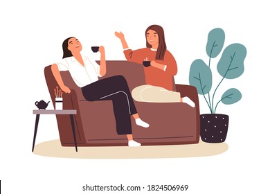 Smiling woman friends drinking tea at home vector flat illustration. Happy female laughing and gossiping sit on comfortable couch isolated. People spending time together having friendly conversation - Shutterstock ID 1824506969