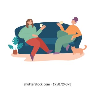 Smiling woman friends drinking tea at home vector flat illustration. Happy female laughing and gossiping sit on comfortable couch isolated. People spending time together having friendly conversation.