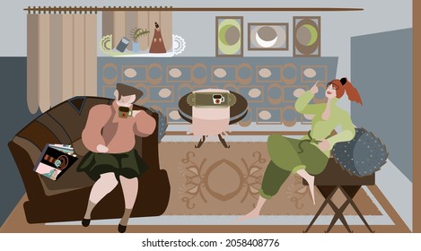 Smiling woman friends drinking tea at home. Happy female laughing and gossiping sit on comfortable couch.Comfy lifestyle.Flat vector illustration.