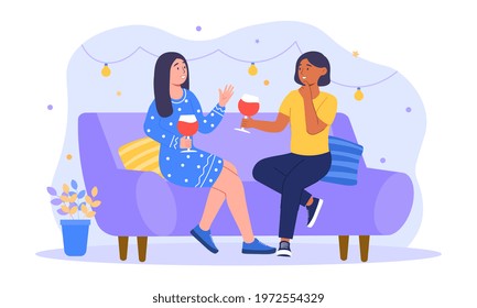 Smiling woman friends drinking wine, laughing and gossiping. People spending time together sitting on comfortable couch. Flat abstract metaphor cartoon vector concept. Isolated on white background