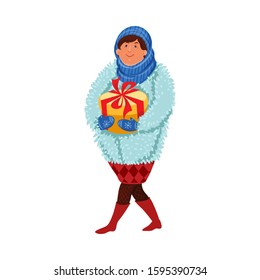Smiling woman in fur coat carrying gift box vector illustration
