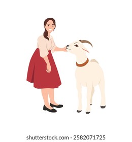 Smiling woman gently pets a goat, showcasing a peaceful and warm interaction. Flat vector illustration isolated on white background