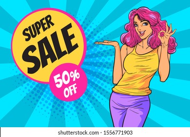 smiling woman gesture presenting something with sale promotion poster Sale Campaign.pop art style for poster template.