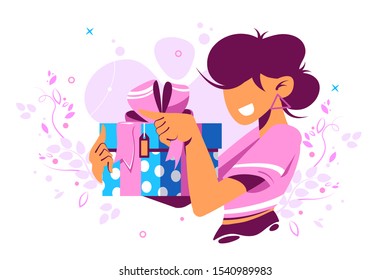 Smiling woman with gift vector illustration. Cheerful girl holding blue dotted present box with pink festive ribbon flat style concept. Happy Birthday concept