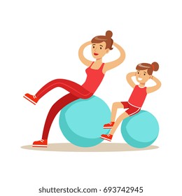 Smiling woman and girl happily exercising with fitball, mom and daughter having good time together colorful characters