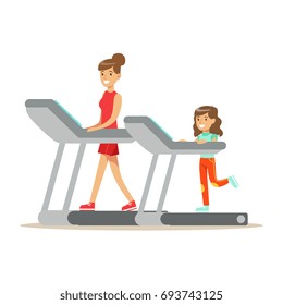 Smiling woman and girl running on a treadmill, mom and daughter having good time together colorful characters vector Illustration