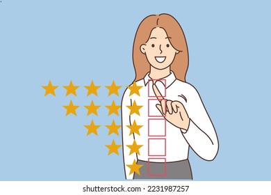 Smiling woman give five star rating to good quality service. Happy female client feel satisfied giving best feedback. Customer satisfaction. Vector illustration. 