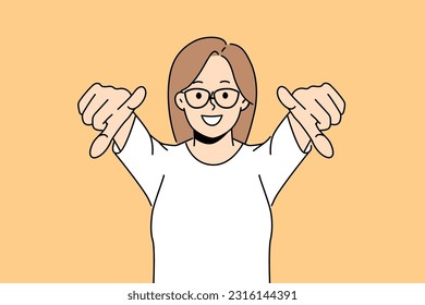 Smiling woman in glasses point at screen choosing person. Happy girl in eyewear show with fingers on camera make Choose you gesture. Vector illustration. 