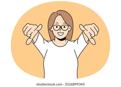 Smiling woman in glasses point at screen choosing person. Happy girl in eyewear show with fingers on camera make Choose you gesture. Vector illustration.