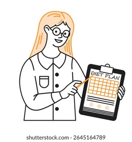 Mulher sorridente com óculos apresentando um plano de dieta estruturado. Ela segura uma prancheta e aponta para a parada com entusiasmo. Estilo minimalista com destaques laranja.