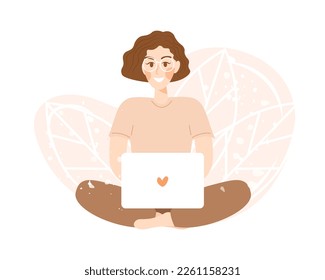 Smiling woman in glasses sitting with crossed legs and using laptop. Vector character in flat cartoon style. Concept of freelance, working or studying from home, online education