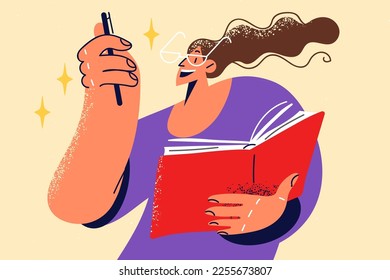 Smiling woman in glasses writing in notebook. Happy female take notes in notepad, list creative ideas or plans. Vector illustration. 