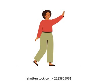 Smiling woman goes to meet someone and greets him. Happy Girl waving hand to friend.  Female person does greeting gesture. Vector illustration