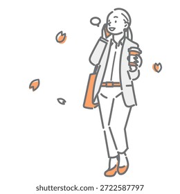 Una mujer sonriente va a trabajar con una sensación refrescante. Una ilustración de dibujo de línea simple y elegante