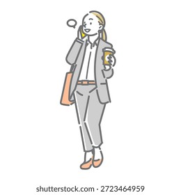 Una mujer sonriente va a trabajar con una sensación refrescante. Una ilustración de dibujo de línea simple y elegante