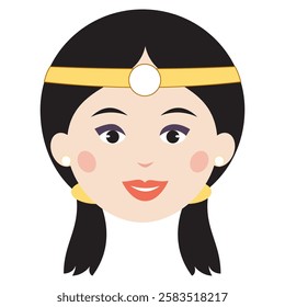 Smiling woman with golden headband and earrings. Vector art.