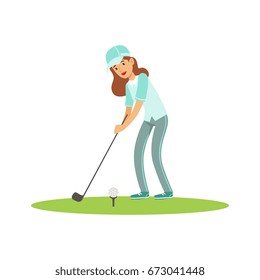 Smiling woman golfer in a light blue shirt and cap hitting the ball vector Illustration