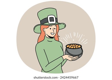 Smiling woman in green costume hold pot of gold. Happy girl follow irish traditions for saint Patrick day. Vector illustration.