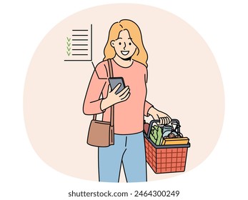 Smiling woman grocery shopping with list on cellphone. Happy female buy groceries in supermarket with planner on smartphone. Vector illustration.