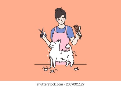 Smiling woman groom fluffy small puppy in salon. Female groomer work trim little dog in hair saloon. Taking care of domestic pet animals. Good quality service. Cartoon character, vector illustration. 