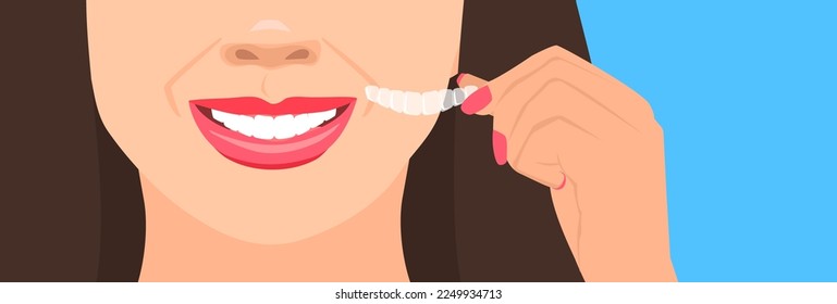 smiling woman hand holding ortodontic silicone invisible braces tooth correction vector illustration