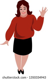 Smiling woman with hand raised. White background .Vector illustration.