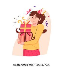 Smiling woman handing gifts at party. Event celebration concept people vector illustration.